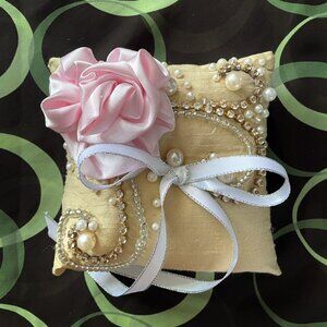 Bridal Wedding Ring Pillow with beads, rhinestones & pink rose Ameynra design